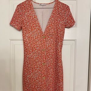 Zara Red Printed Small Flower Button Down Dress S